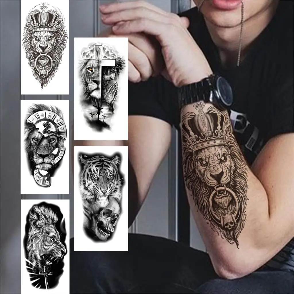 

Lion King Temporary Tattoos For Men Women Adult Black Tiger Skull Cross Tattoo Sticker Realistic Fake Animal 3D Tatoos Covers Up