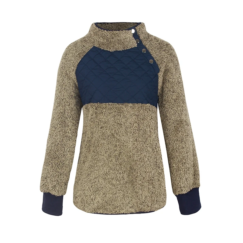 

Autumn Long Sleeve Pullovers Patchwork Turtleneck Casual Buttons Streetwear Fleece Teddy Winter Women Hoodies Sweatshirts GV933