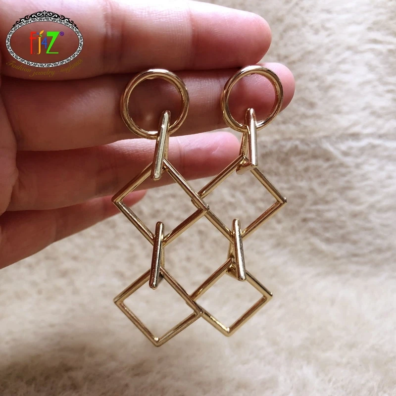 

F.J4Z Geometric Chic Earrings for Women Fashion Gold Color Alloy Triangle Square Circle Linked Dangle Earring Jewelry Dropship