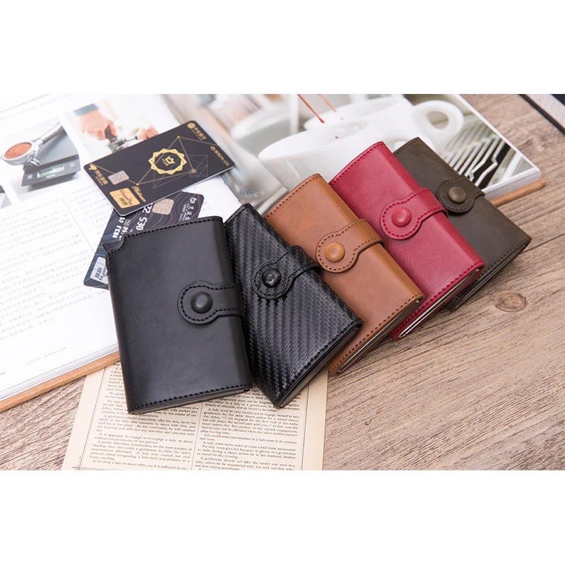 men rfid button credit card holder high quality metal aluminum auto pop up rfid blocking id card case black wallet coin purse free global shipping