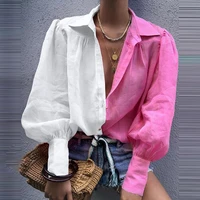 moarcho women high street v neck spliced straight patchwork single breasted lantern sleeve blouse pink and white 2021 new blouse