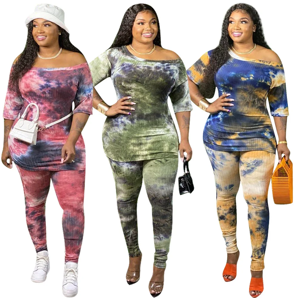 

Cutubly Two Pieces Set Tracksuit Off Shoulder Tee Tops Sweatpant Outfit Matching Set Two Pieces Set Tie Dye Knitted Women Set