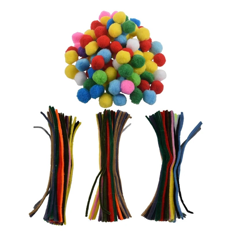 

100 шт., разноцветные мягкие пушистые Помпоны для детских поделок, 25 мм, 300 шт., стебли синели для чистки труб, 60 мм X 300 мм