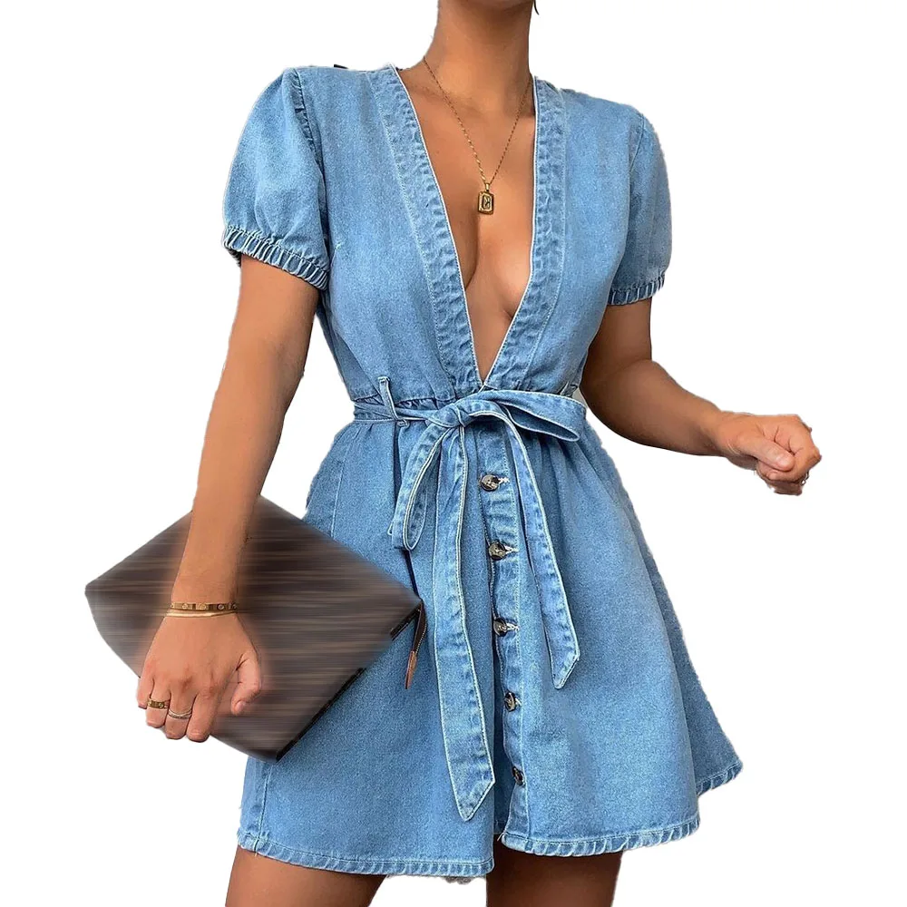 

2021 verao europeu americano nova feminina com decote em v cintura denim vestido com cinto de cor solida unico breasted moda puf