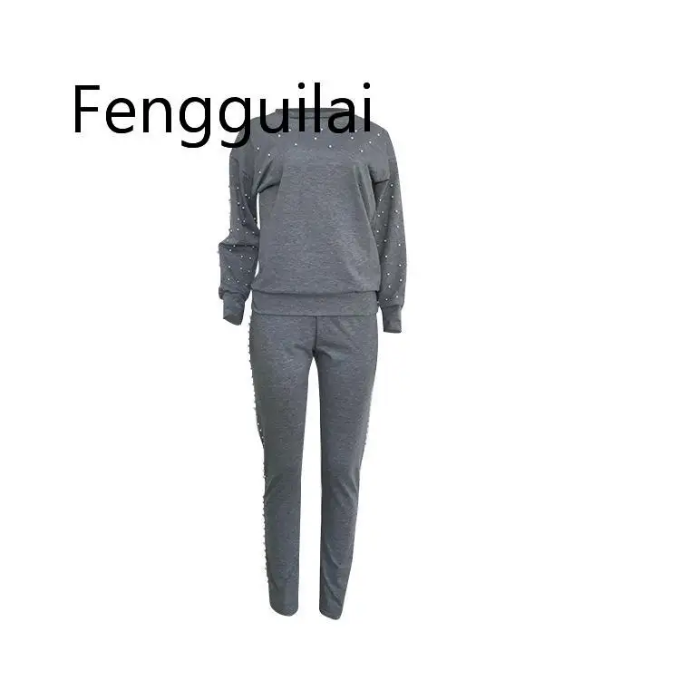 FENGGUILAI новые модные комплекты из 2 предметов синие Черные женские костюмы повседневные топы с жемчугом и круглым вырезом+ штаны комплект из двух предметов набор для бегунов