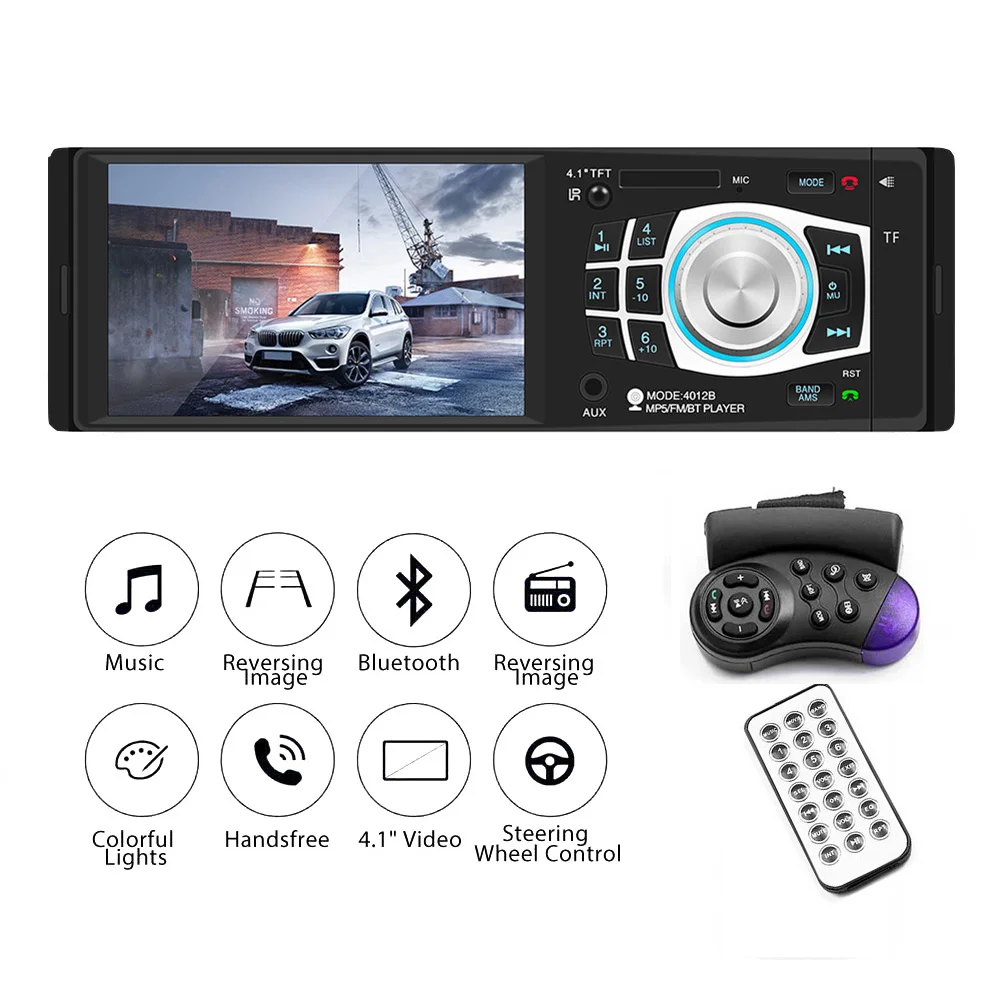 

1 Din 12V 4012B Audio Radio FM Bluetooth Stereo In-dash 4.1" Car MP5 Player TF USB AUX Support 7 Colors Backlight