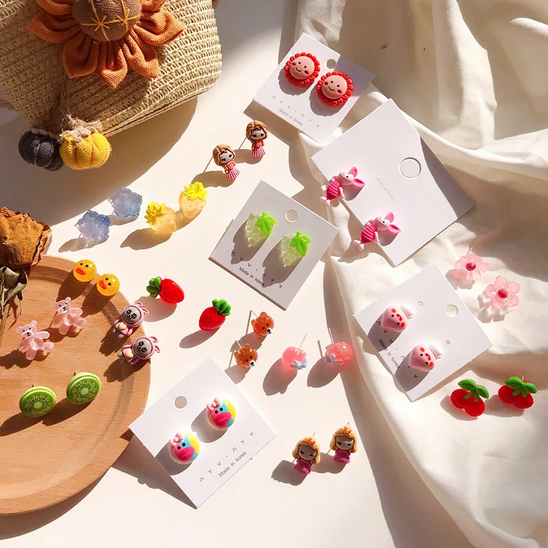 Милые серьги в Корейском стиле с мультяшными животными фруктами и цветами