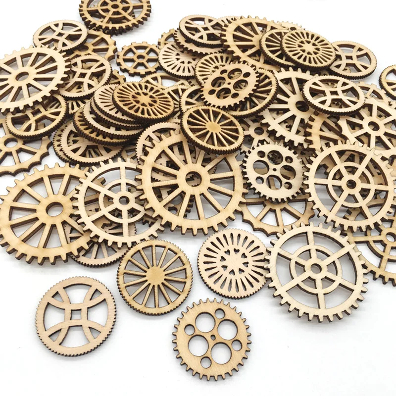 50pcs Mixed Hollow Wheel Gear Natural Wood Chip For DIY Craft Scrapbooking Wedding Party Hanging Pendant Decor Embellishment - купить по
