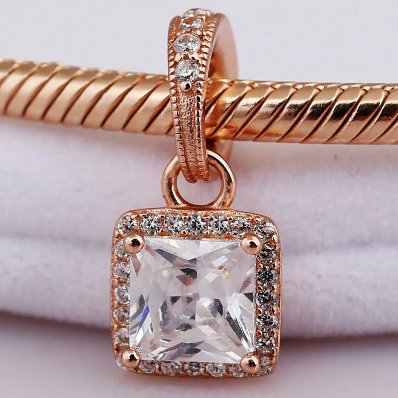

Original 925 Sterling Silver Creative Rose Gold Square With Crystal Pendant Fit Pandora Women Bracelet & Necklace Diy Jewelry
