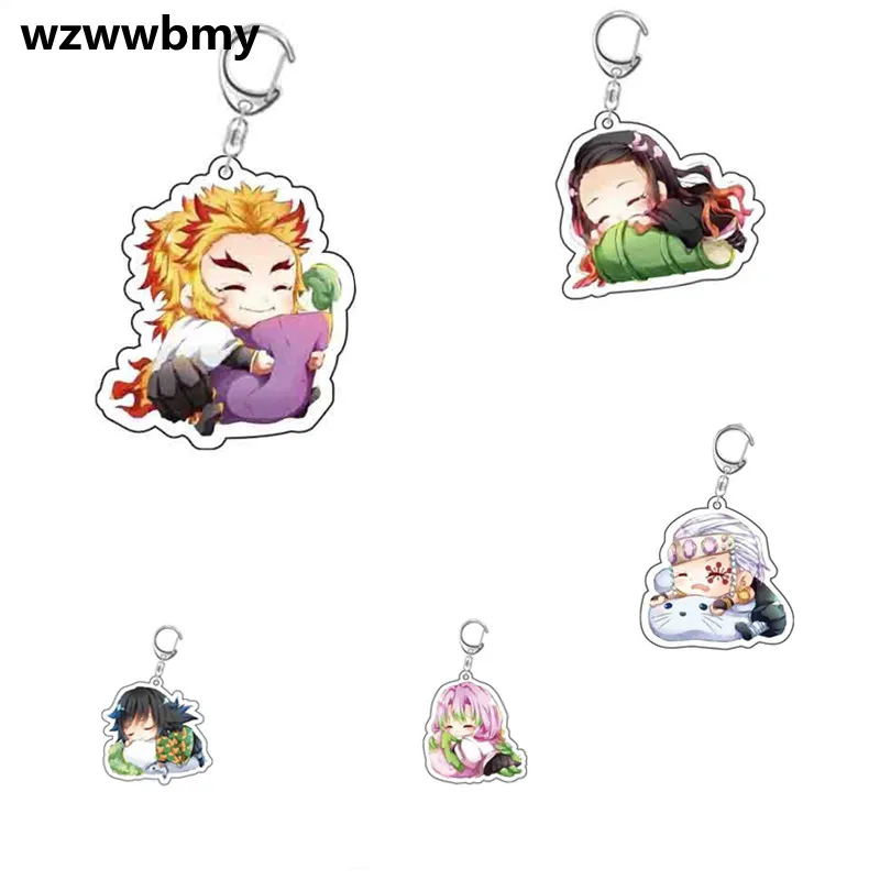 

New Anime Demon Slayer Acrylic Keychain Cute Brinco Blade of Ghost Key Chain Kamado Tanjirou Cosplay Pompom Yaiba Keyring