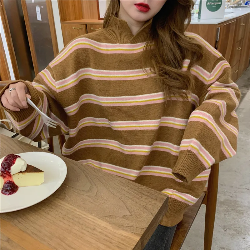 

Turtleneck Sweater Women New Striped 2020 Autumn Winter Fashion Women's Vintage Harajuku Loose Soft Chic Ladies Jumpers