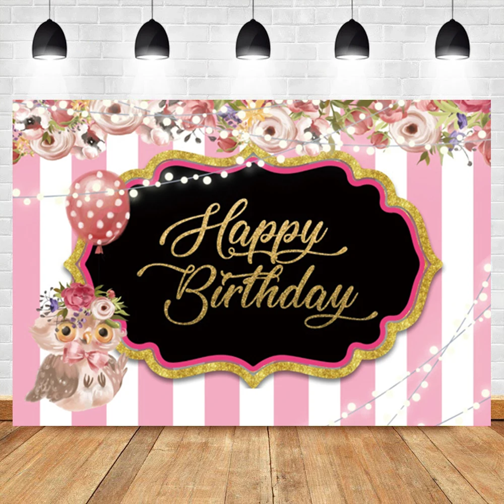 

Laeacco Pink Striped Cartoon Owl Birthday Custom Photo Photography Background Photographic Photography Backdrop For Photo Studio