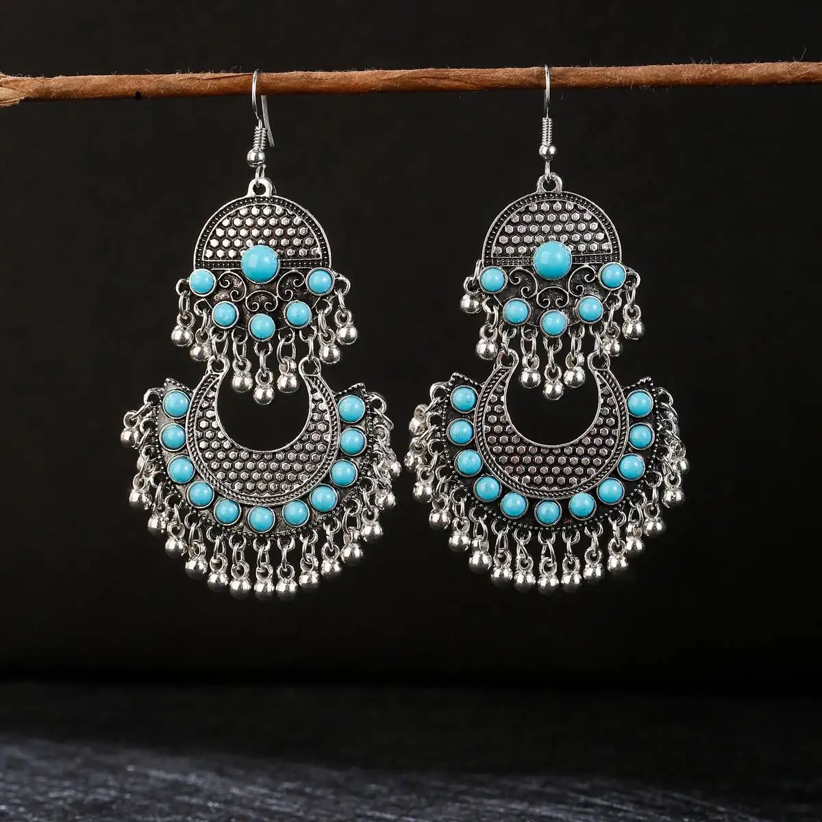 

Bohemia Silver Color Moon Blue Turquoises Jhumka Earrings For Women Orecchini Vintage Gypsy Tassel Earrings Indian Jewelry