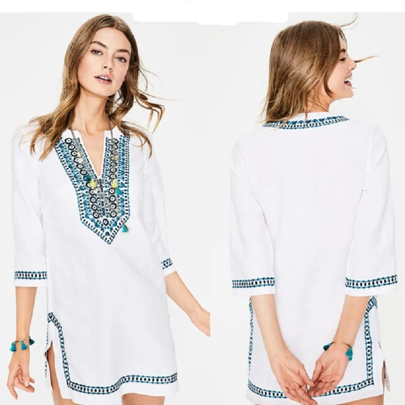 Вышивка Винтаж Пляжная накидка Саида de купальный костюм Praia Для женщин Bikini Cover up