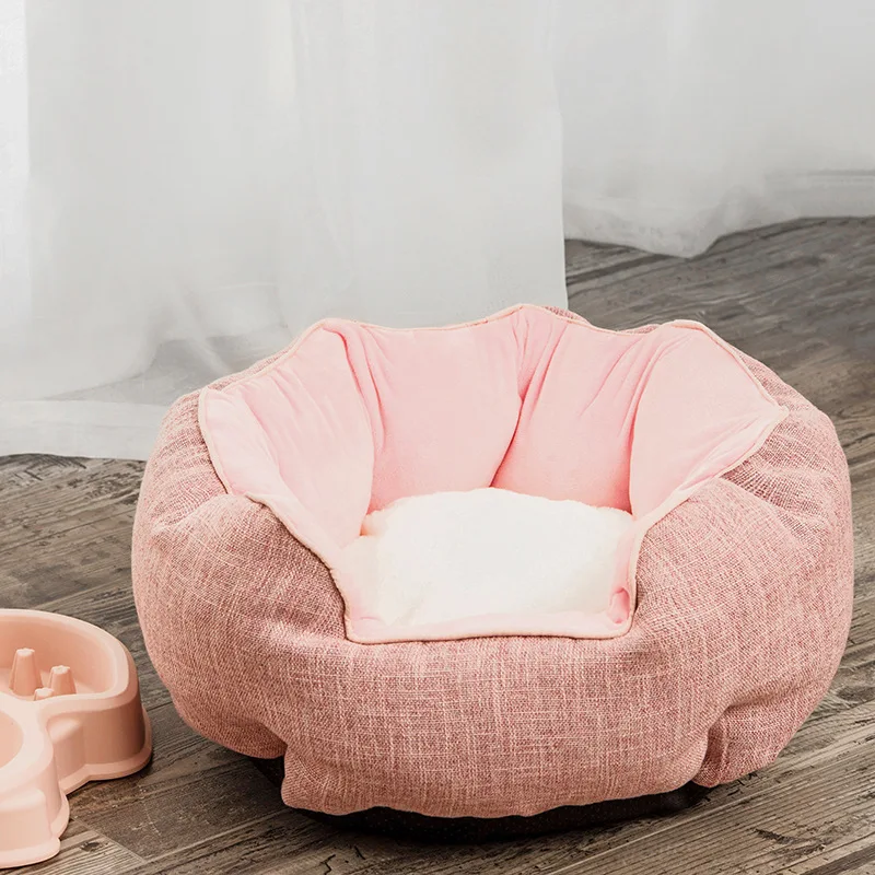 

Warm pet bed plush circular nest pad thick mat cat dog cotton linen dog supplies detachable, improve sleep