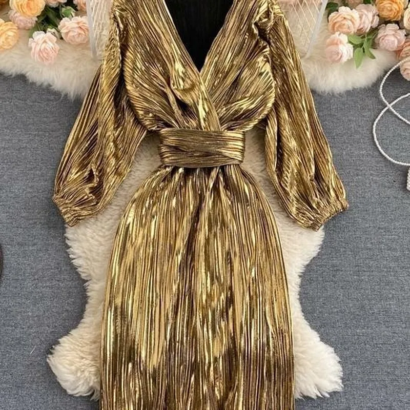 

2021 Spring and Autumn Women's Temperament Vintage High Waist V-neck Pleated Dress Female Long Sleeve Sexy Party Dresses Y597
