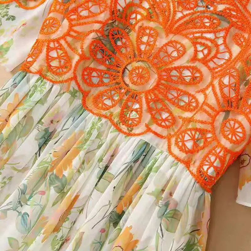 

Runway Fashion Summer Lace Dress Women 2021 High Quality Colorful Flower Print Elegant Long Party Holiday Dress