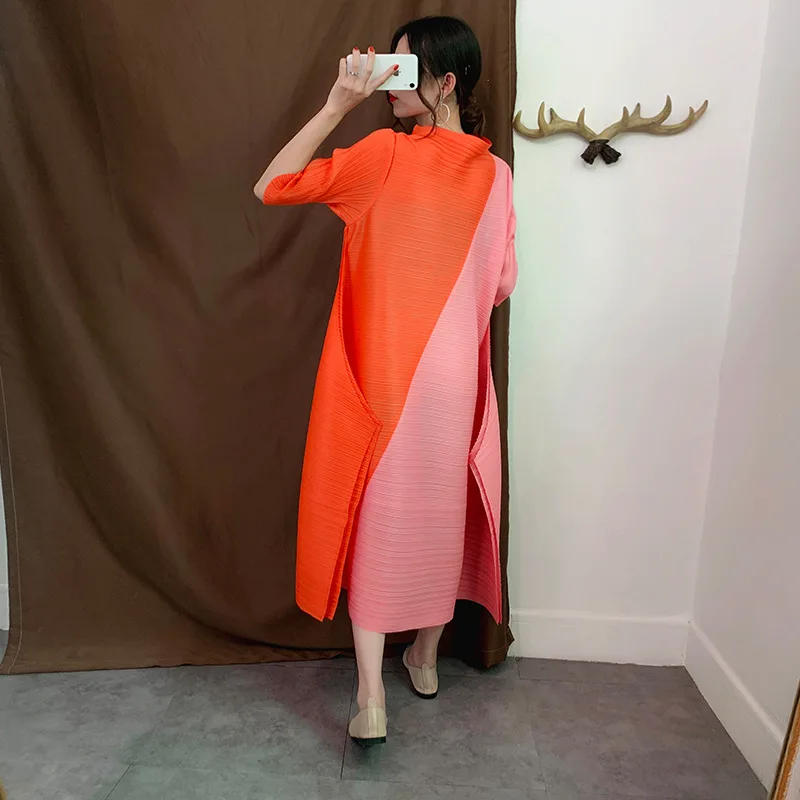 

MA024 Loose Cropped Sleeve Patchwork Pleated Maxi Dress Womens Casual Stand Neck Pullover Mid-Calf Dresses
