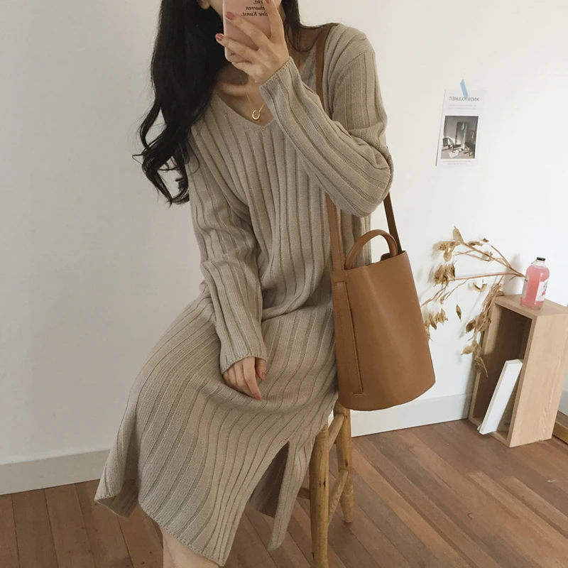 

Fitaylor New Autumn Winter Office Lady V-neck Solid Color Long Sleeve Knitting Dress Women Elegant High Waist Mid-calf Dress