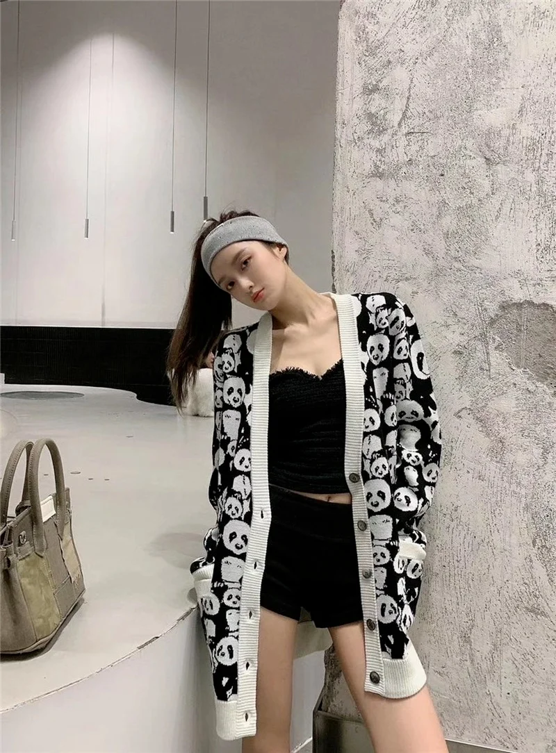 Новинка Осень-зима 2021 утолщенный вязаный кардиган с рисунком панды средней длины