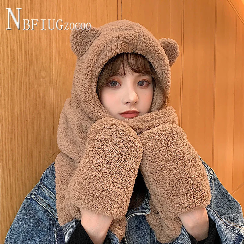 

Korean Easy To Match Cap Scarf Gloves Women Sets Fluff 3 Colors Can Choose Female Scarves Sets