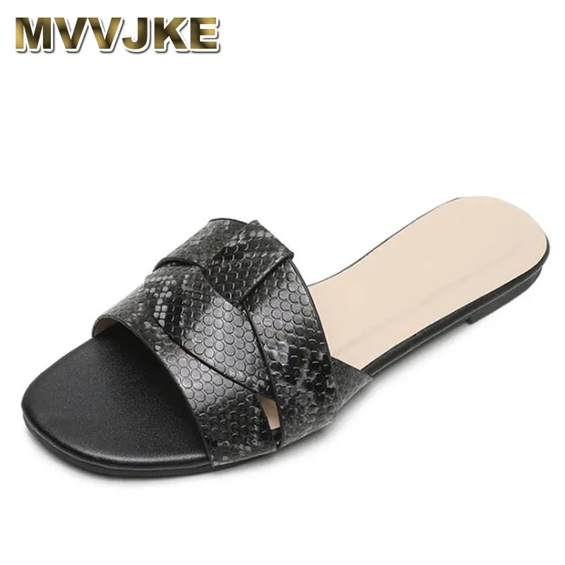 

MVVJKE Flat Shoes Female Snakeskin Summer Clogs Woman Slippers Soft Big Size Slides Beach Comfort Basic Fabric Fretwork Casual