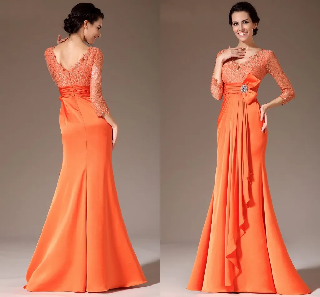 

Formal Women's Dresses Mermaid 3/4 Sleeve Orange Chiffon Lace Mother of the Bride Gown Vestidos Madre De La Novia Plus Size