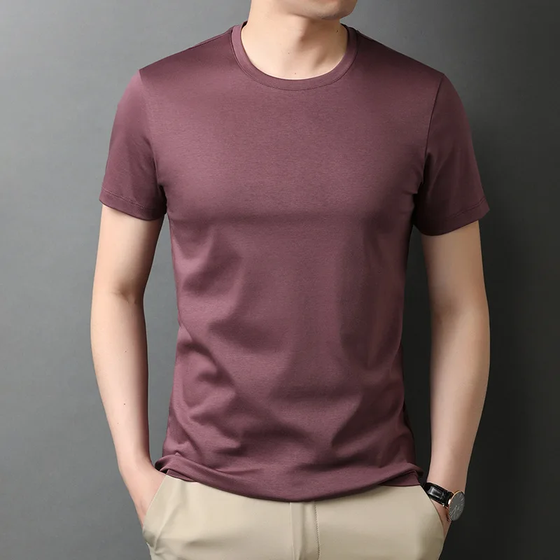 

Liquid ammonia no iron mercerized cotton solid round neck men's short sleeve T-shirt summer casual half sleeve top thin T-shirt