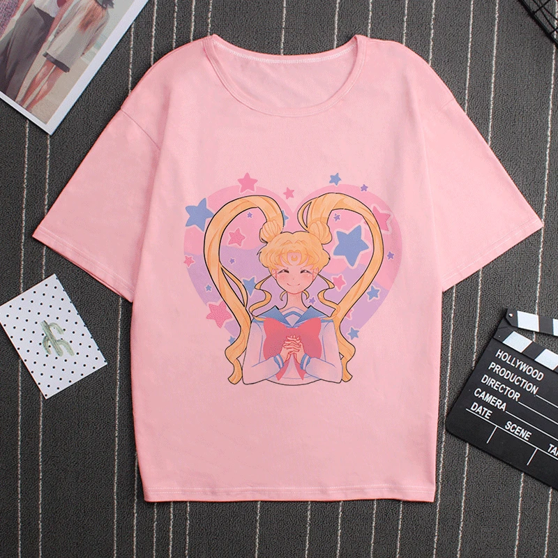 2860 Sailor Moon 90s Funny Pink T Shirt Harajuku Clothes Tshirt Aesthetic Cat Anime Vogue T-shirt Kawaii Graphic Tees Ullzang Women - Цвет: 2860