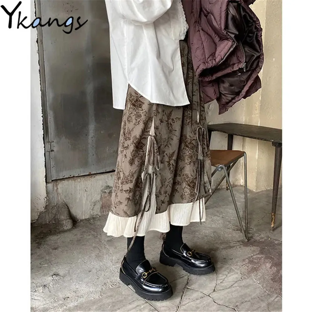 French Vintage Stitching Irregular Long Skirt Female Autumn Winter High Waist Loose Mid-Length Skirt Women Lace Up Pleated Skirt