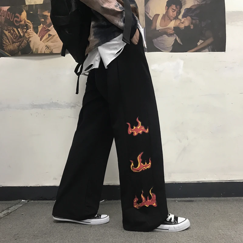 Новинка Харадзюку штаны с принтом пламени женские эластичные высокая талия