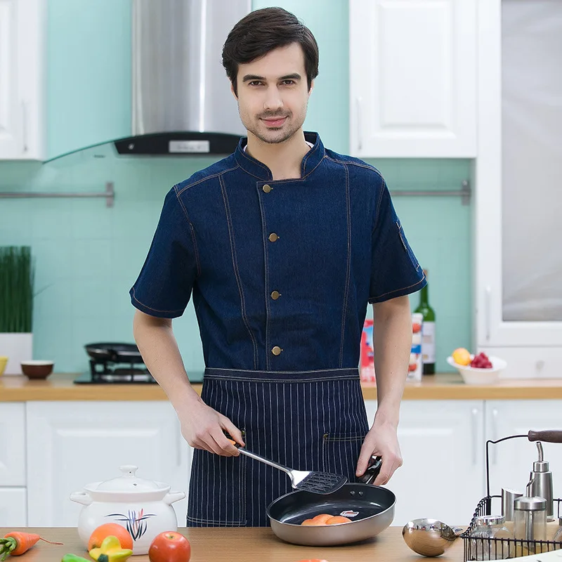 

Chef uniform short sleeve summer restaurant waiter's denim top hotel chef uniform thin for men and women