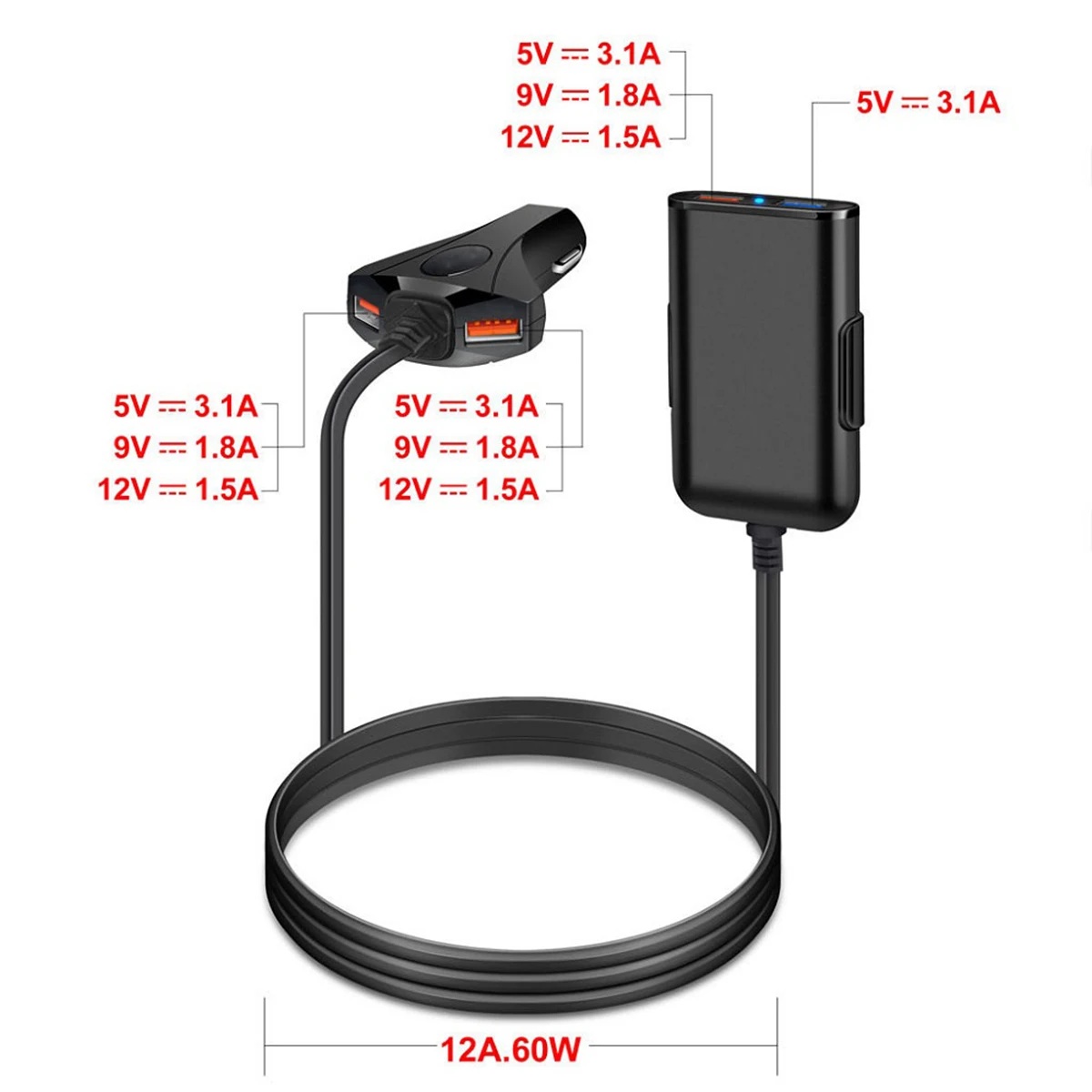 Автомобильное зарядное устройство с 4 USB-портами 12-24 В постоянного тока