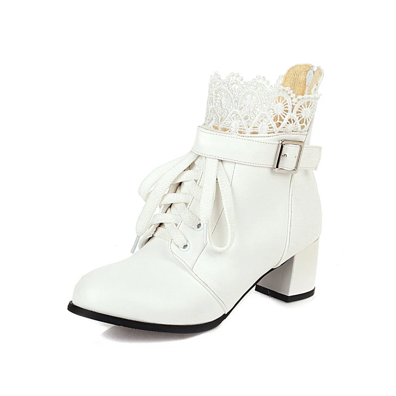 

ANNYMOLI Ankle Boots High Heel Woman Boots Lace Up Chunky Heel Short Boots Zip Buckle Ladies Shoes Autumn Winter White Size 43