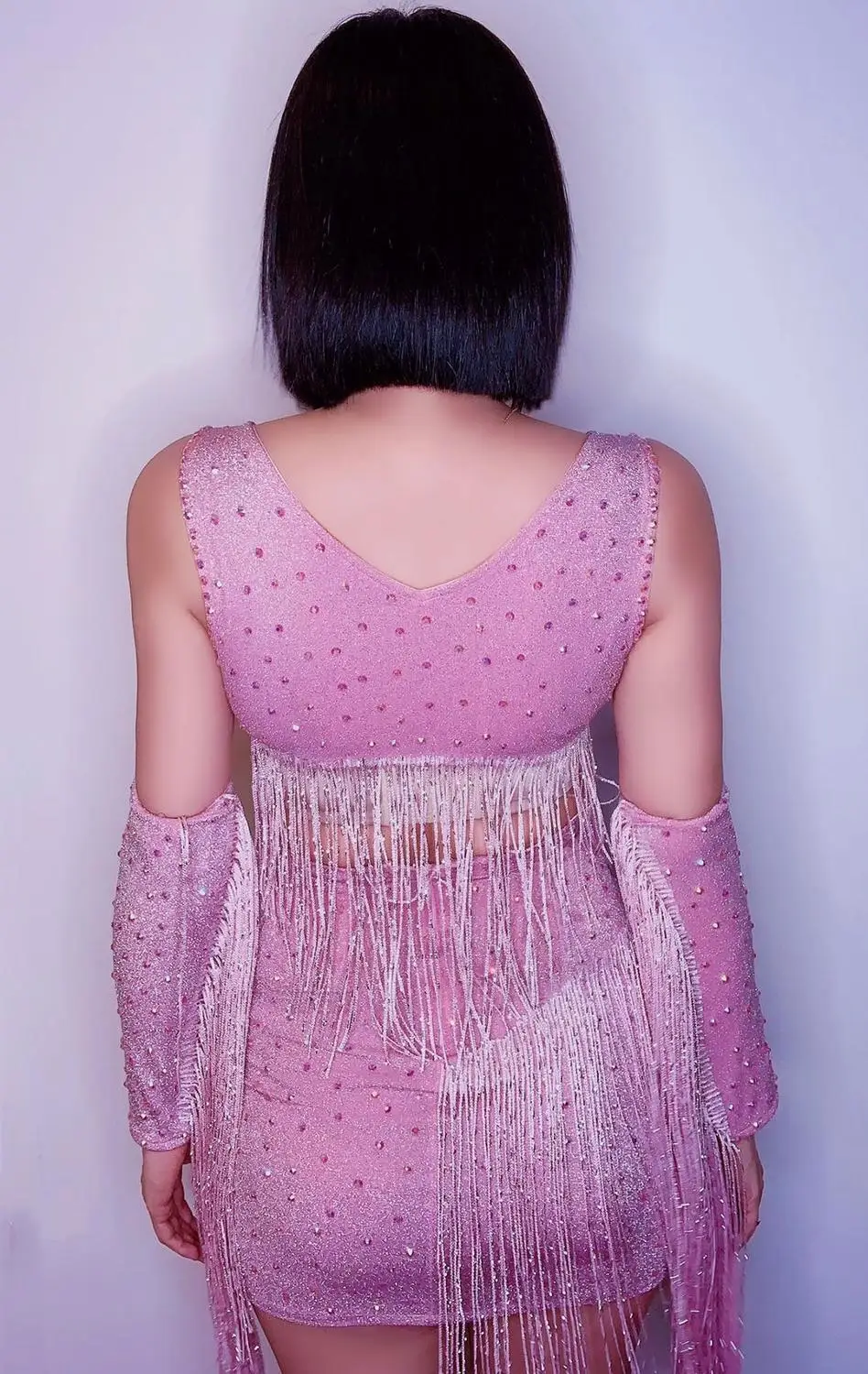 

Pink Rhinestones Fringe Sling Tops Split Elastic Hip Skirt Set Lady Singer Sexy Stage Outfit Bar Nightclub Dancer Tassel Costume
