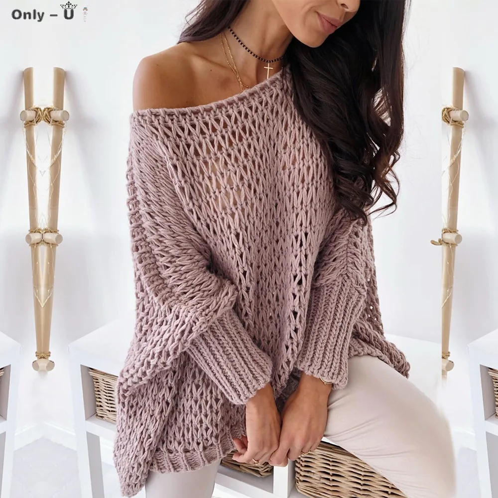 

2020 Women's Autumn New Style Crocheted Slash Neck Bat Sweater Hollow Loose Top Womens knitted Batwing Sleeve Sweater pullovers