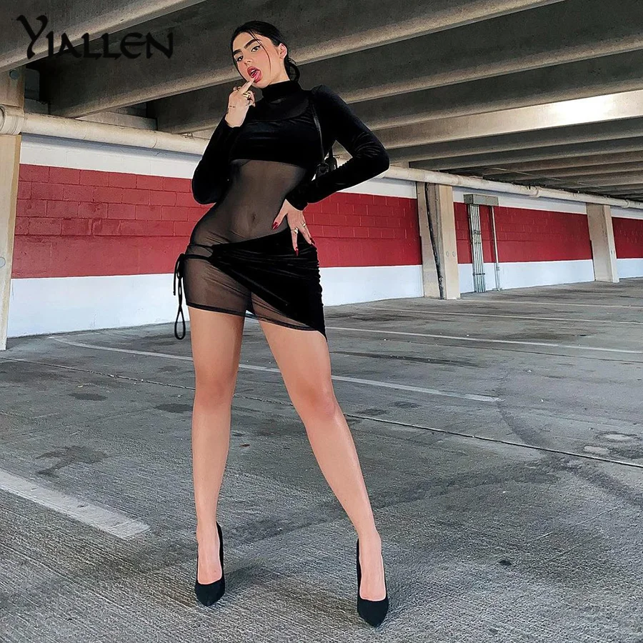 

Yiallen Autumn Sexy Mesh Mini Dress Women See Through Flocking Midnight Skirt Elegant Long Sleeve Turtleneck Hot Party Clubwear