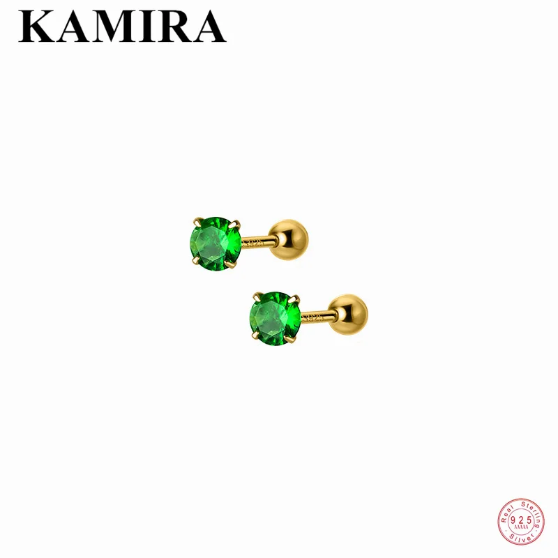 

KAMIRA 925 Sterling Silver Charms Cute Green Zircon Spiral Bead Stud Earrings for Women Party Sweet Gold Plated Jewelry Gift Ins