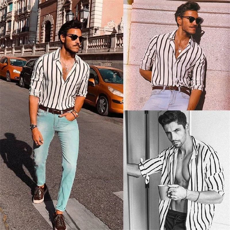 

Men Long Sleeve Shirts Blouse Top 2021 Fashion Vertical Striped Casual Button Down Dress Shirts Slim Fit Shirt Men Chemise Homme