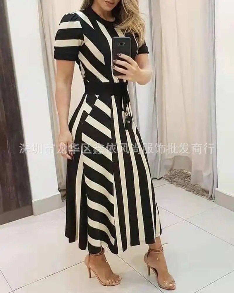 

2021 new summer striped long short sleeve women's round neck dress