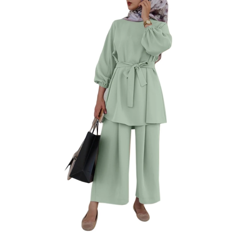 

Women Muslim Summer Solid Outfit Long Sleeve Belted Tunic Tops Wide Leg Pants M5TE