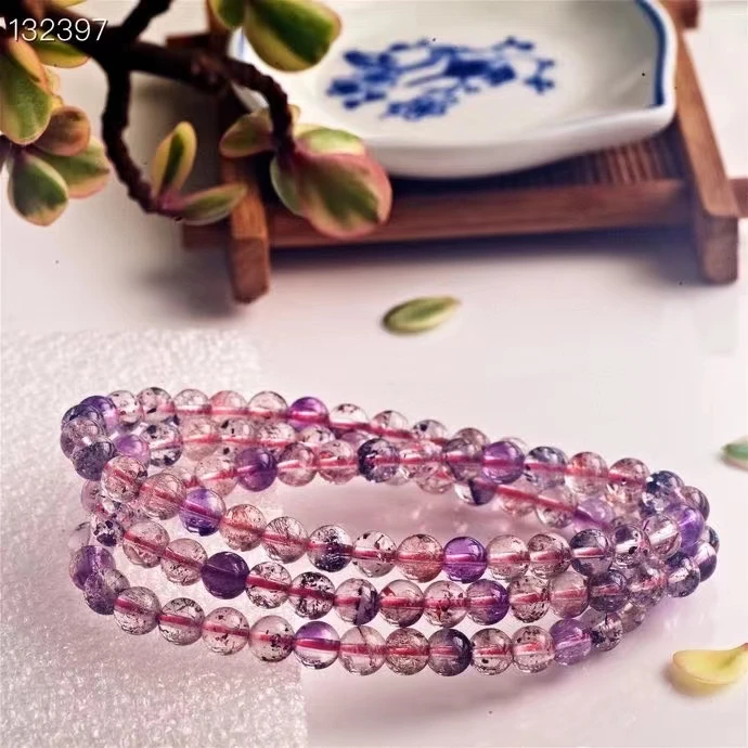 

Natural Purple Super Seven 7 Rutilated Quartz 3 Laps Bracelet 6mm Colorful Clear Round Beads Crystal Women Men AAAAAA