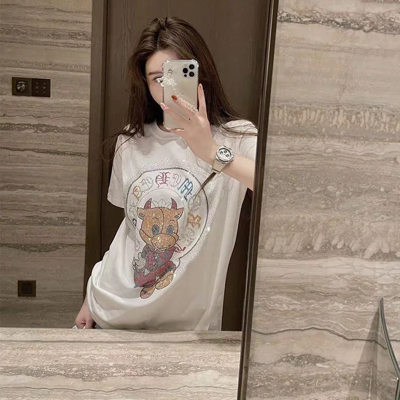 

Heavy industry hot Drilling Rhinstone OX short-sleeved t-shirt women loose cotton Korean Loose Summer T Shirts