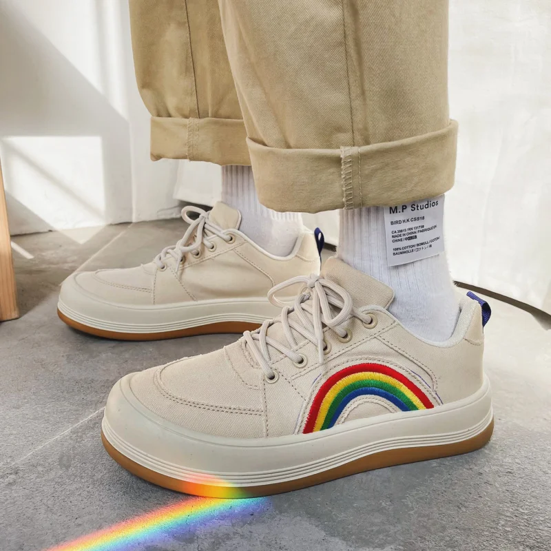 Japanese Rainbow Embroidery Canvas Sneakers Women Flats Platform Skateboard Shoes Men Comfortable Couple Black Canvas Sneakers
