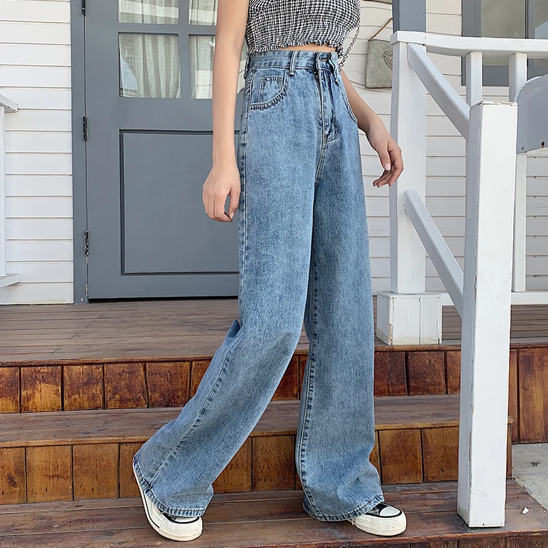 

Woman Jeans Waist Clothes Wide Leg Denim Clothing Blue Streetwear Vintage Quality 2021 Fashion Straight Pants