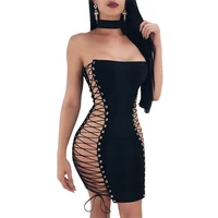 sexy strapless side lace up pencil party bodycon mini dress vestidos women wholesale bandage dresses