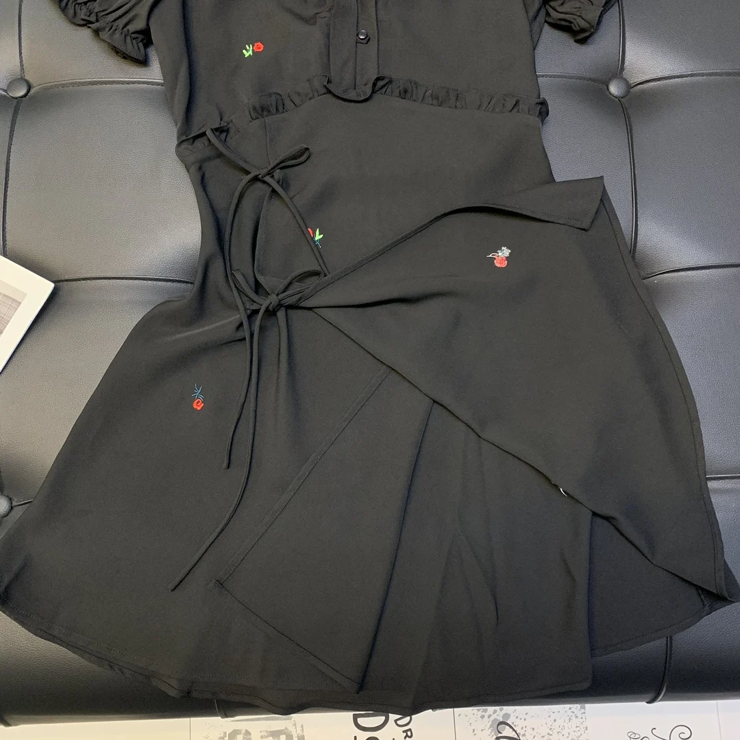 

2021 new women fashion short sleeve V-neck lace side skirt slit bow dress 0427