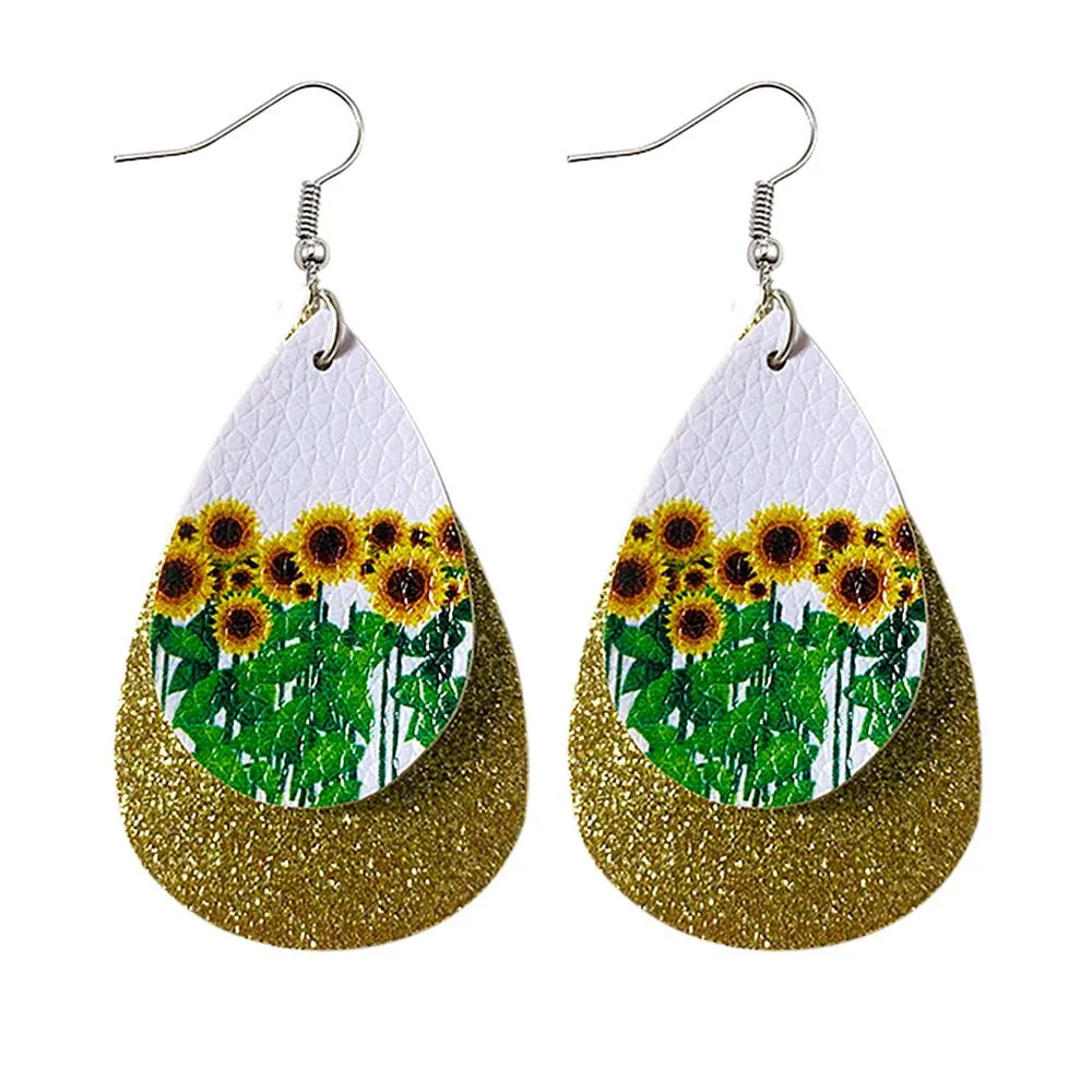 

E7734 ZWPON Happy Easter Earrings Double Layered Easter Egg Print Teardrop Earrings Sunflower Earrings Jewelry Wholesale