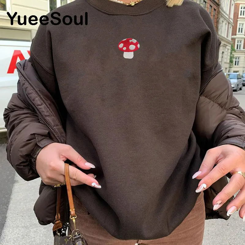 

Embroidery Cute Casual Oversized Sweatshirt Autumn O Neck Streetwear Pullovers Brown Harajuku Top Long Tops Preppy Style