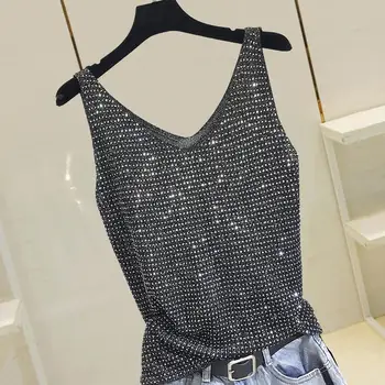 Rhinestone Knit Bottoming Shirt Sleeveless Bright Silk Vest Tops for Women 2021 1